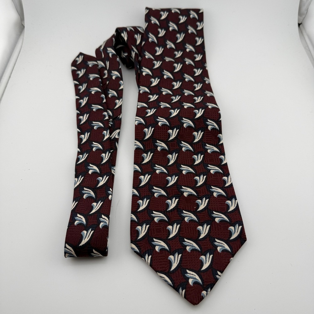 Sheaf & Caber Mens Silk Tie Burgundy Blue Abstract Pattern Made in USA RN 16484